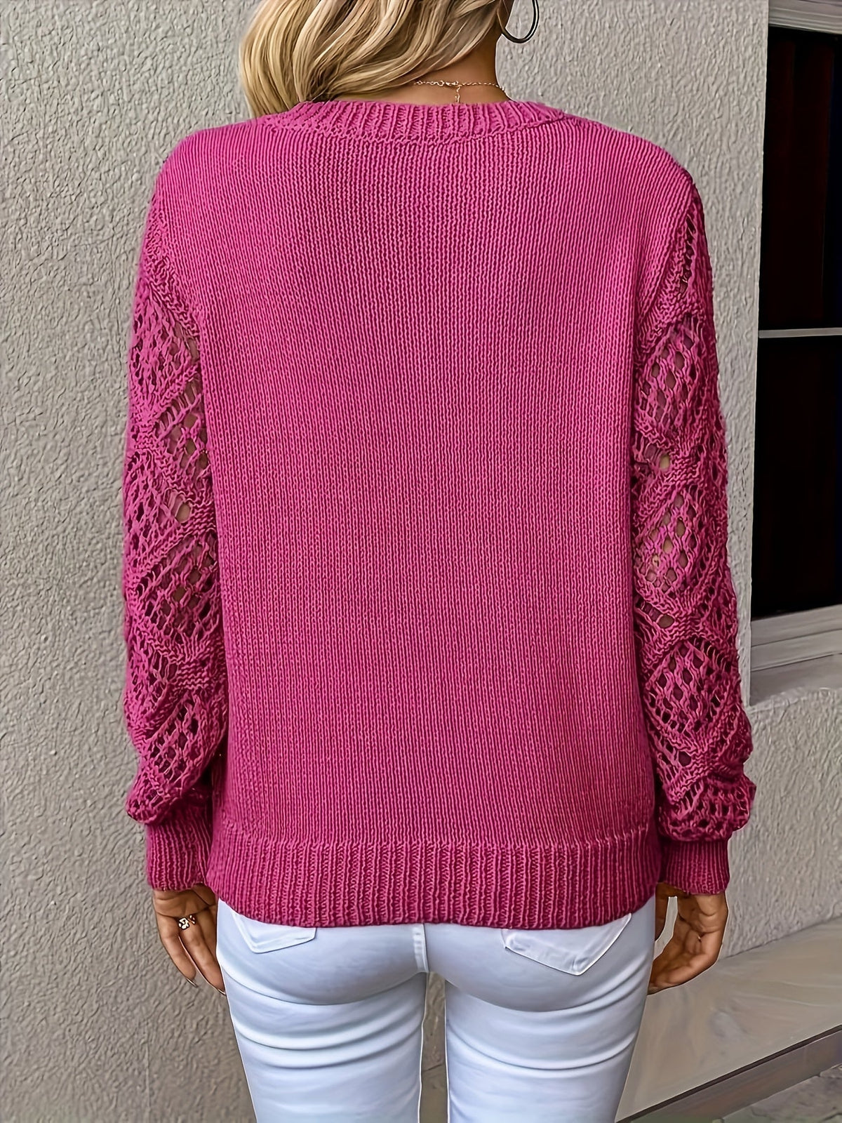 Women's V-Neck Pullover Sweater Crochet Sleeve Long Sleeve Knit Casual