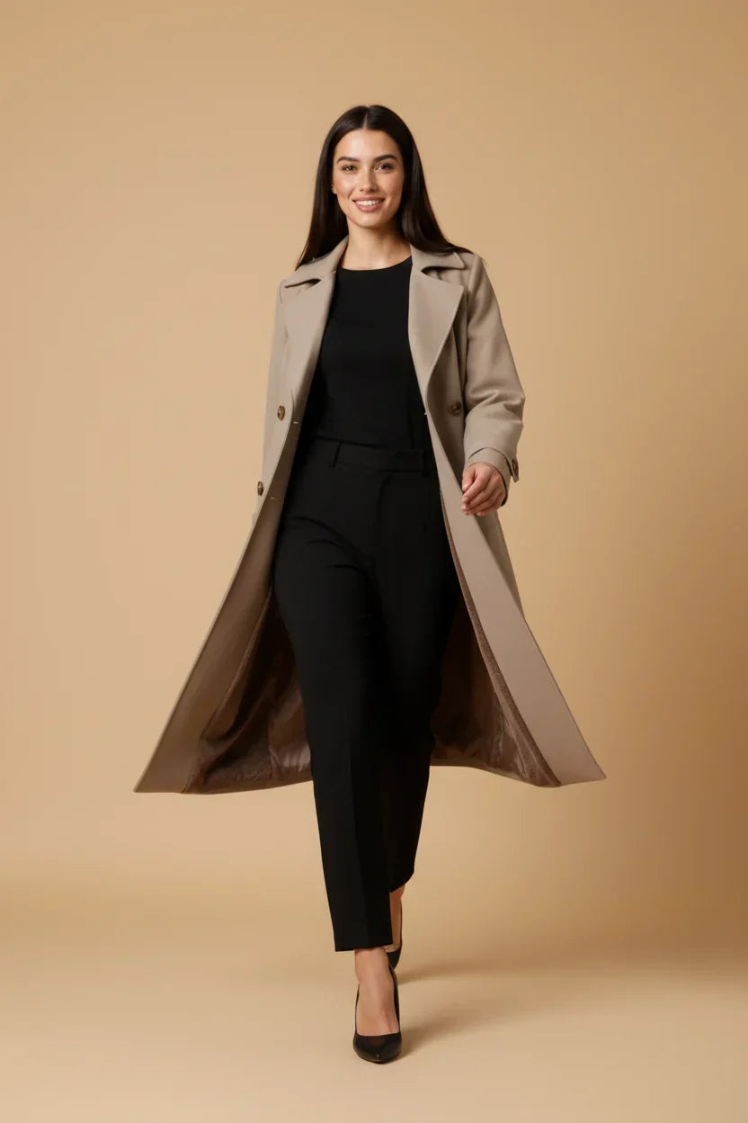 Women's Trench Coat Long Double-Breasted Belted Tailored Lined Winter Coat