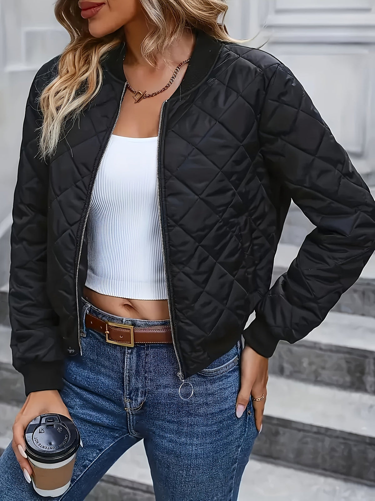 Women's Bomber Jacket Quilted Diamond Pattern Zip Front Crew Neck Long Sleeve Casual