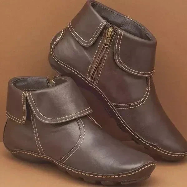 Women's Vintage Ankle Boots Side Zip Fold-Over Cuff Leather Casual