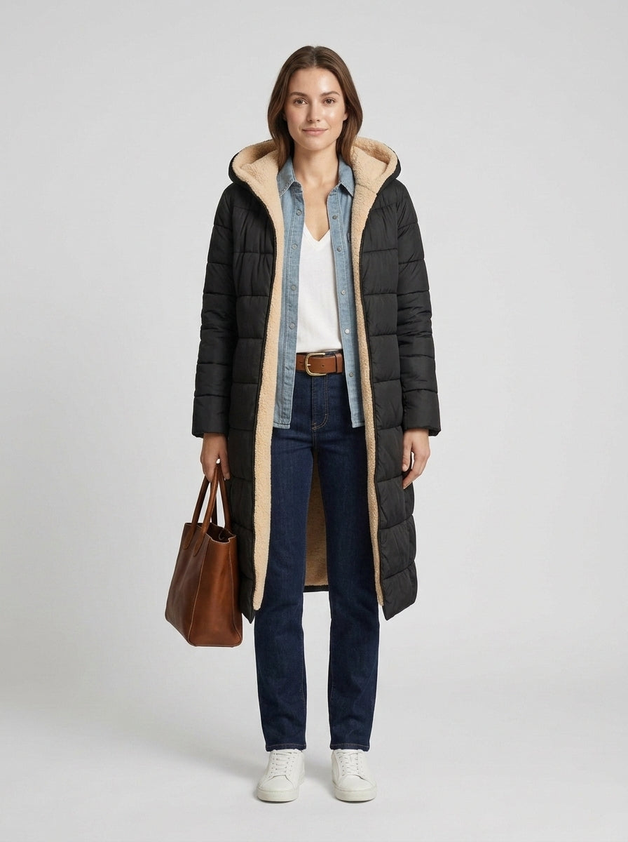 Women's Longline Puffer Coat Hooded Quilted Padded Insulated Winter Outerwear