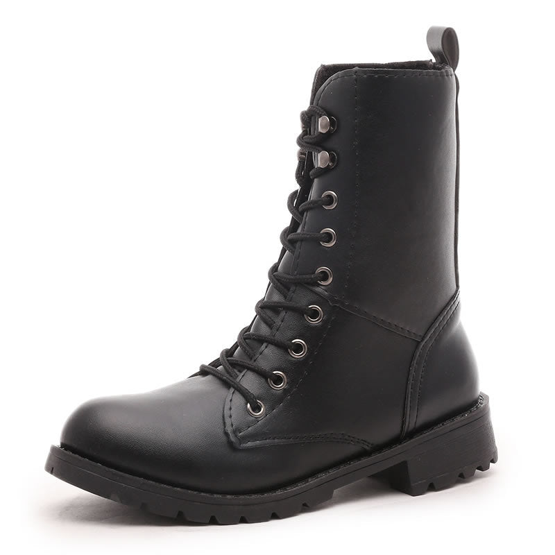 Women's Combat Boots Black Lace-Up Round Toe Mid-Calf Winter Casual