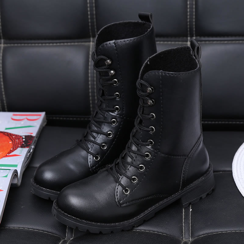 Women's Combat Boots Black Lace-Up Round Toe Mid-Calf Winter Casual