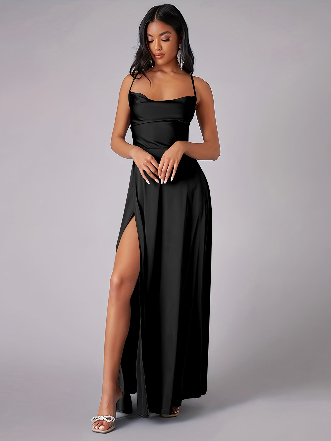 Women's Backless Maxi Dress Cowl Neck Spaghetti Strap Side Split Lace-Up Party Evening Gown