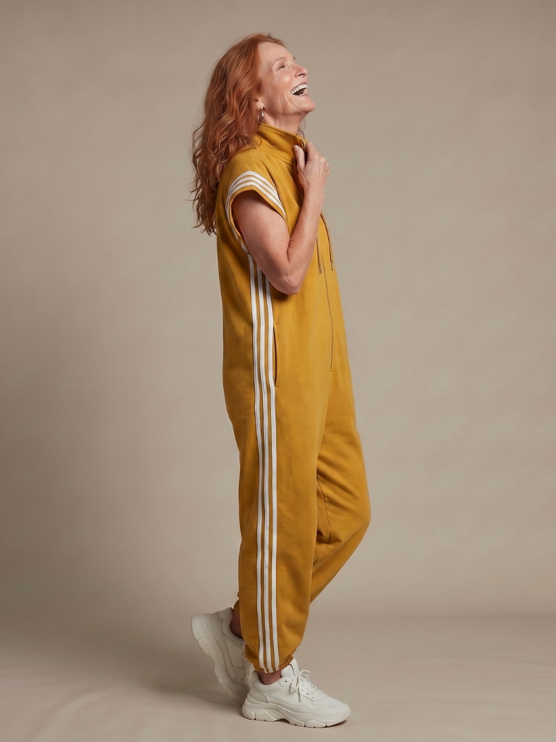 Women's Zip Front Jumpsuit Stripe Panel Sleeveless High Neck Casual
