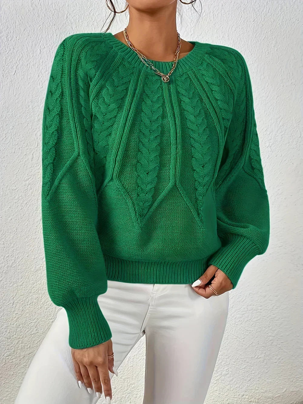 Women's Cable Knit Sweater Round Neck Long Sleeve Raglan Pullover Casual