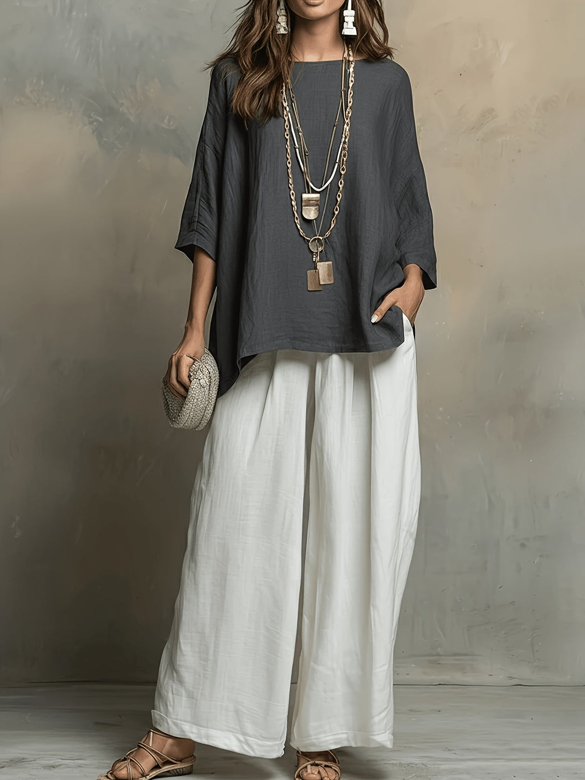 Women's 2pc Set Round Neck 3/4 Sleeve Loose Top High-Waist Wide-Leg Pants Casual Vacation