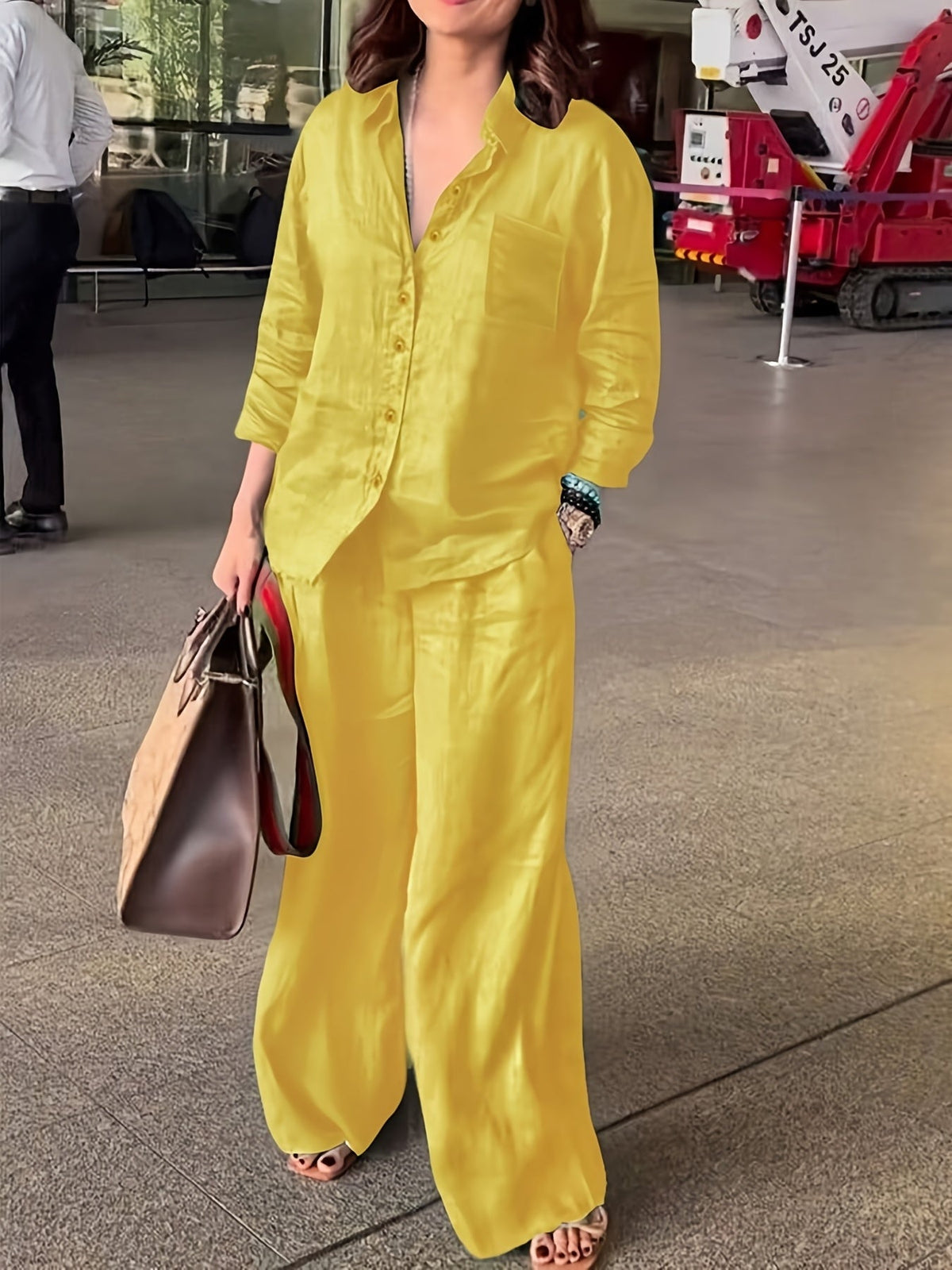 Women's Button Down Shirt and Wide-Leg Pants Set Collar Long Sleeve Slim Fit Casual Outfit