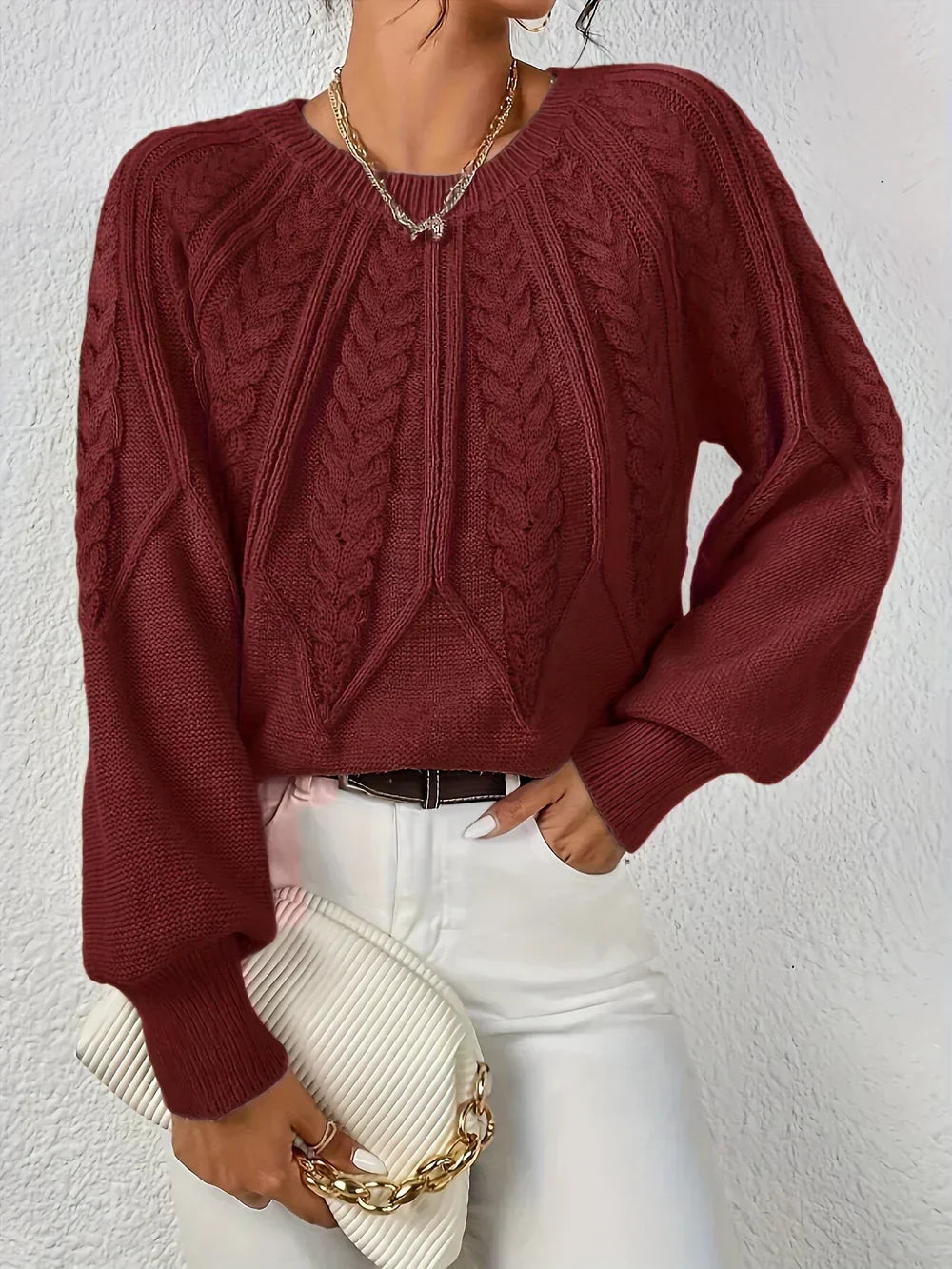 Women's Cable Knit Sweater Round Neck Long Sleeve Raglan Pullover Casual