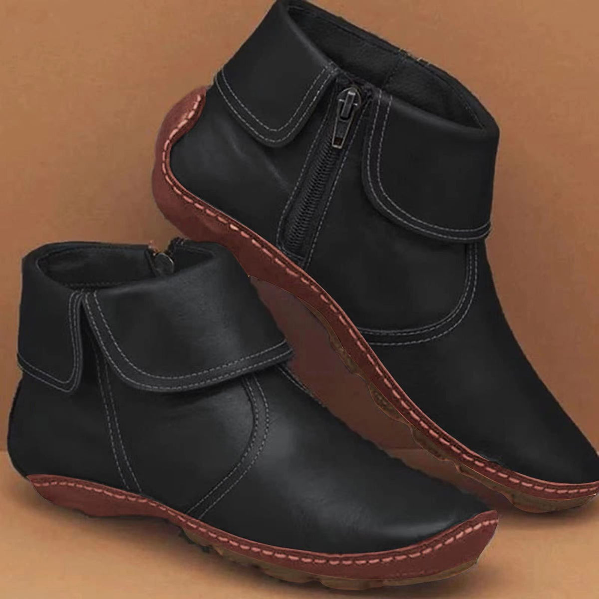 Women's Vintage Ankle Boots Side Zip Fold-Over Cuff Leather Casual