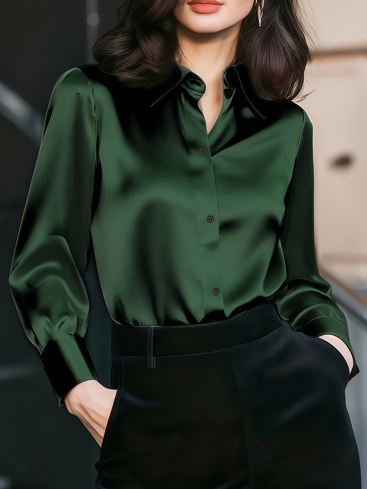 Women's Button Down Shirt and Wide-Leg Pants Set Collar Long Sleeve Slim Fit Casual Outfit