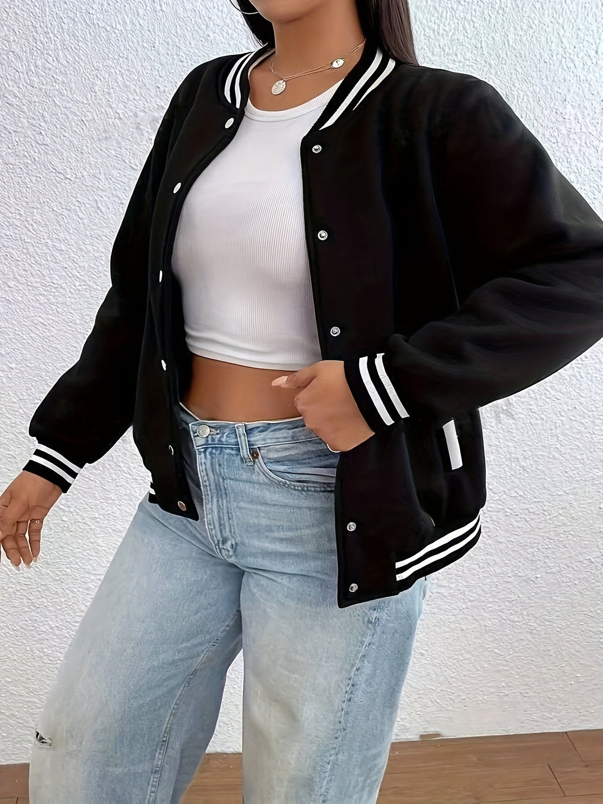 Women's Bomber Jacket Striped Trim Ribbed Drop Shoulder Snap Button Closure Casual