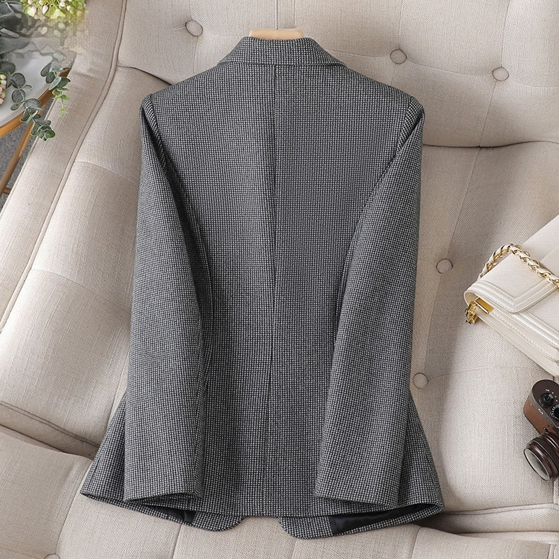 Women's Houndstooth Blazer Long Sleeve Single Button Slim Fit Autumn Jacket