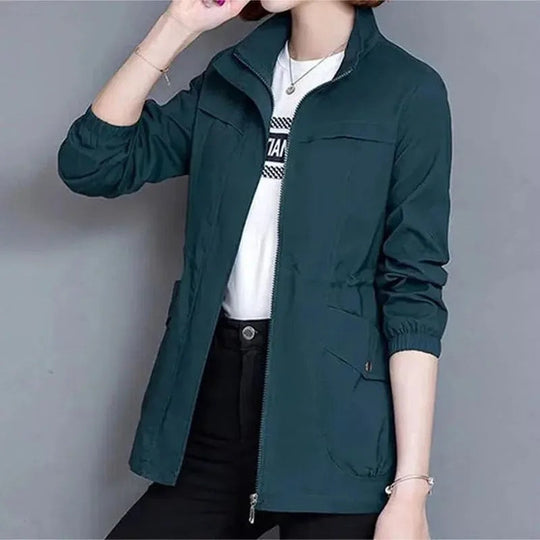 Women's Waterproof Trench Coat Stand Collar Zip Long Sleeve Casual Windbreaker Jacket