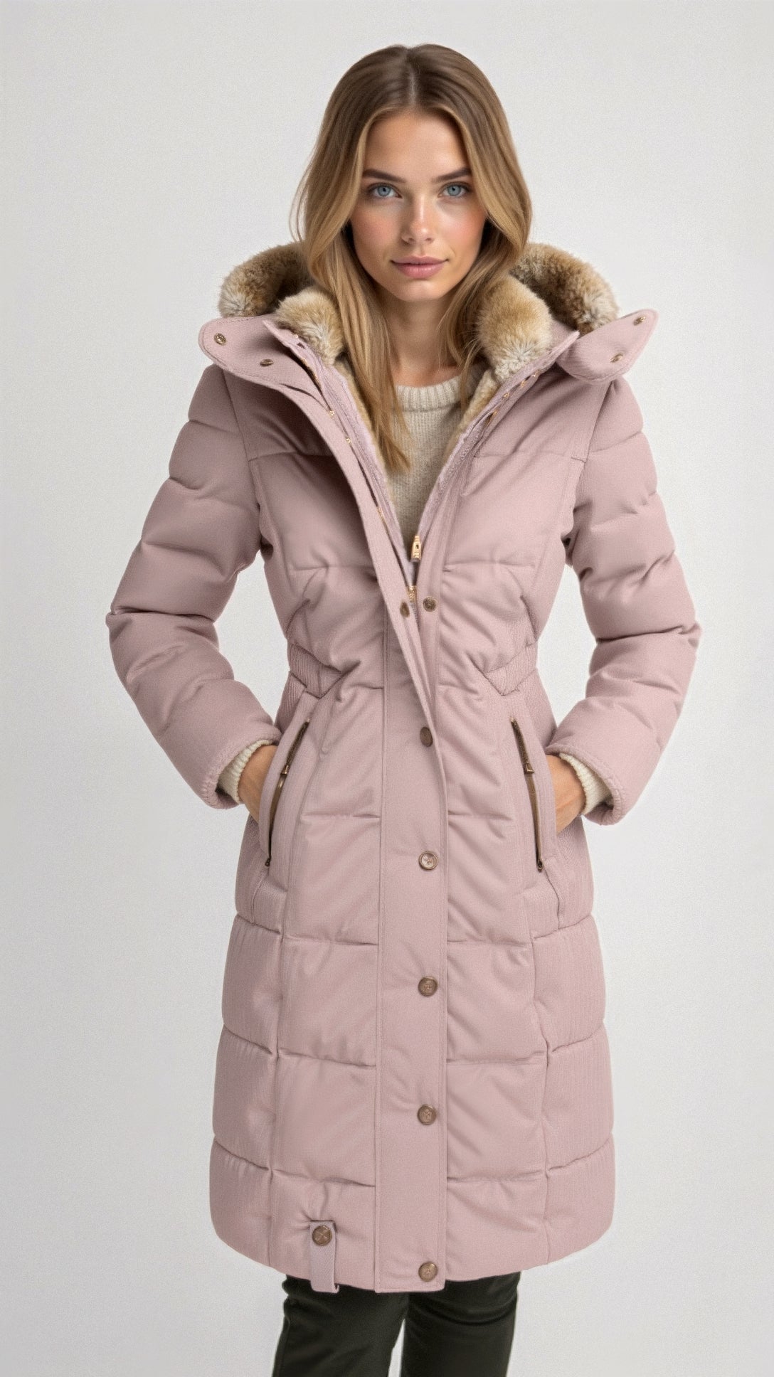 Women's Hooded Puffer Jacket – Mid-Length Quilted Fur Trim Winter Coat