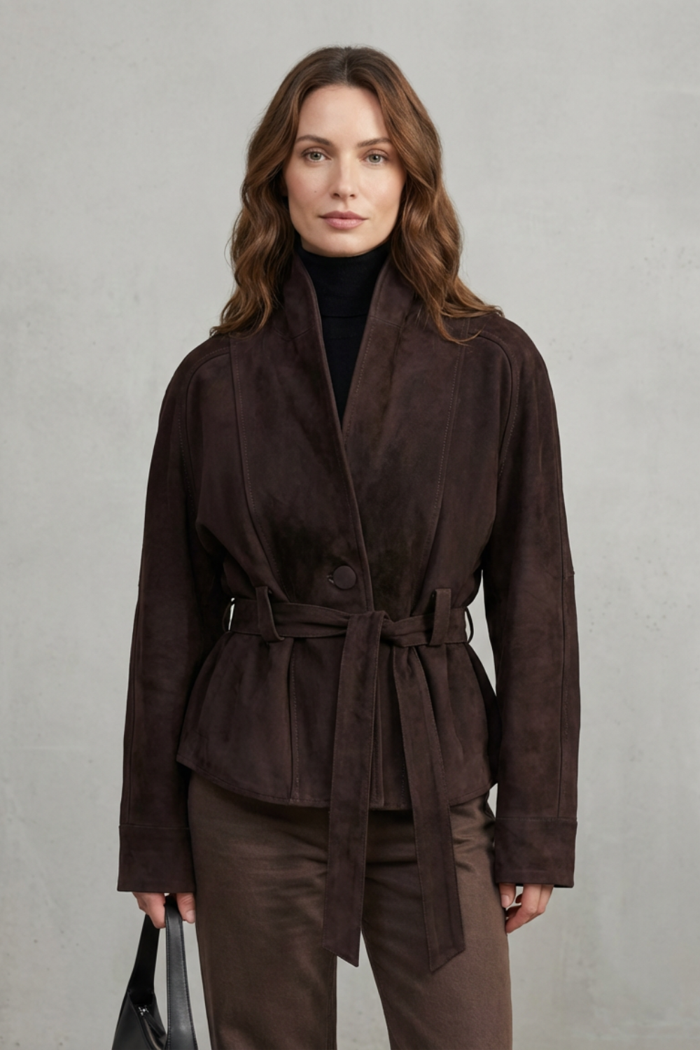 Women's Belted Suede Jacket Cropped Shawl Collar Single Button Brown