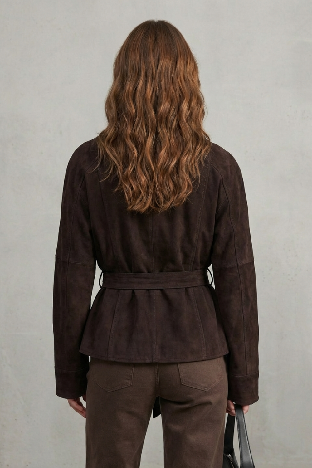 Women's Belted Suede Jacket Cropped Shawl Collar Single Button Brown
