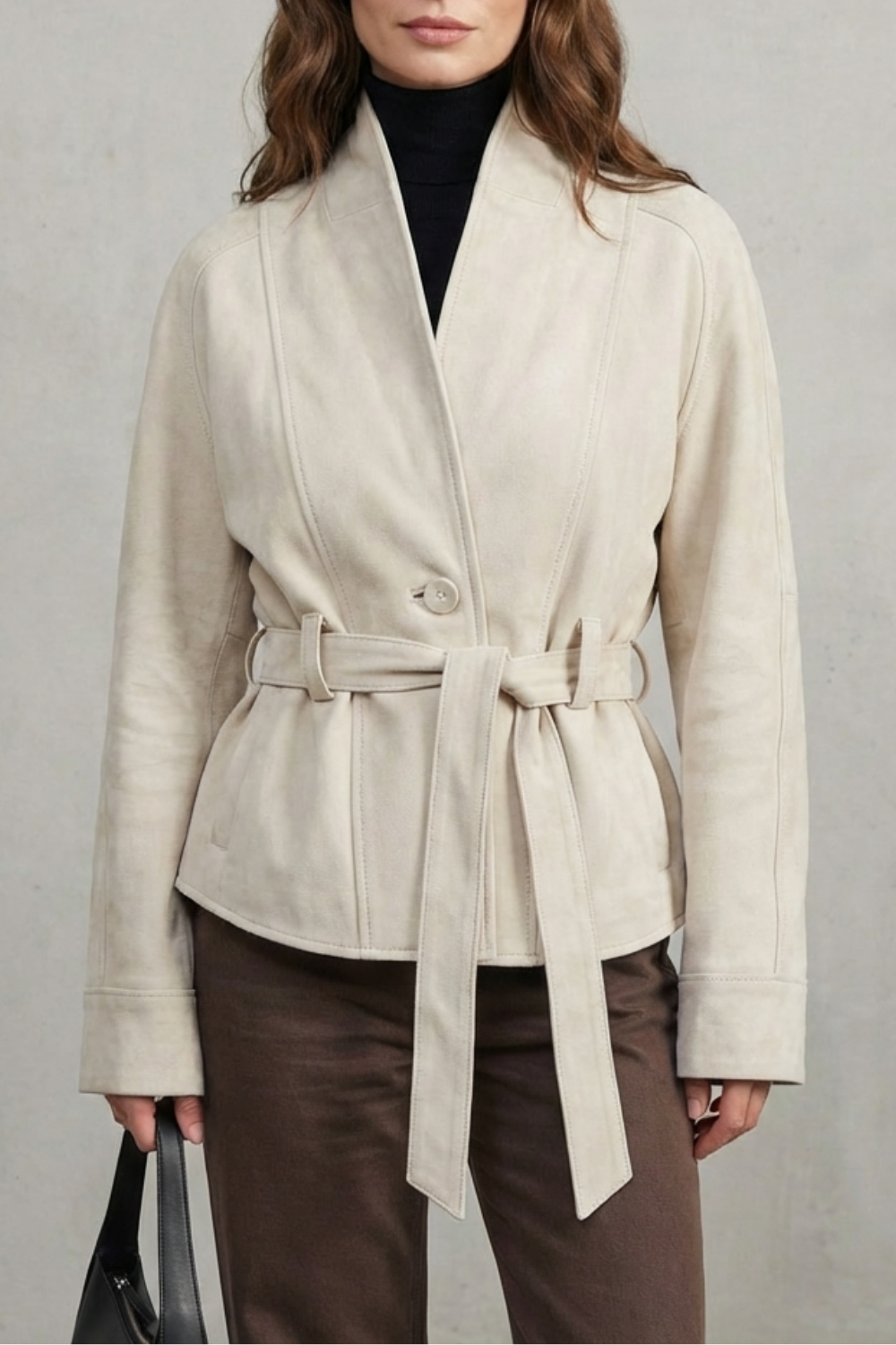 Women's Belted Suede Jacket Cropped Shawl Collar Single Button Brown