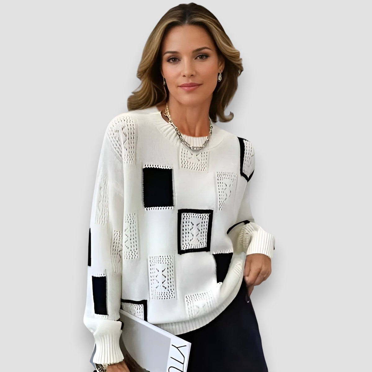 Women's Geometric Patchwork Knit Sweater Crewneck Long Sleeve Casual Pullover