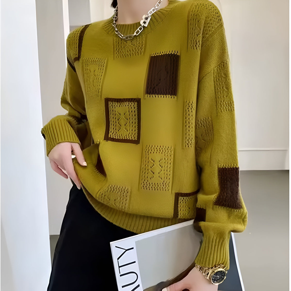 Women's Geometric Patchwork Knit Sweater Crewneck Long Sleeve Casual Pullover