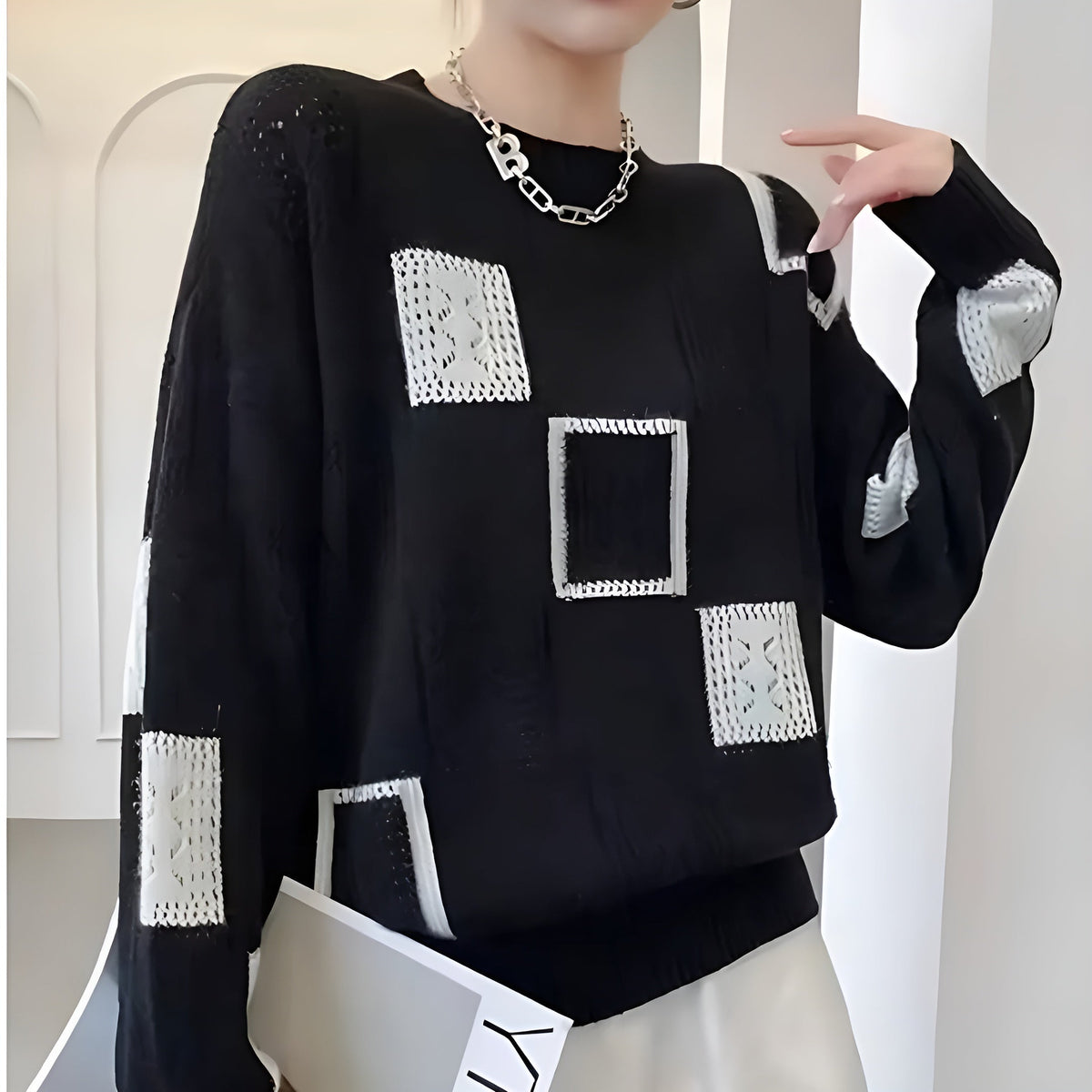 Women's Geometric Patchwork Knit Sweater Crewneck Long Sleeve Casual Pullover