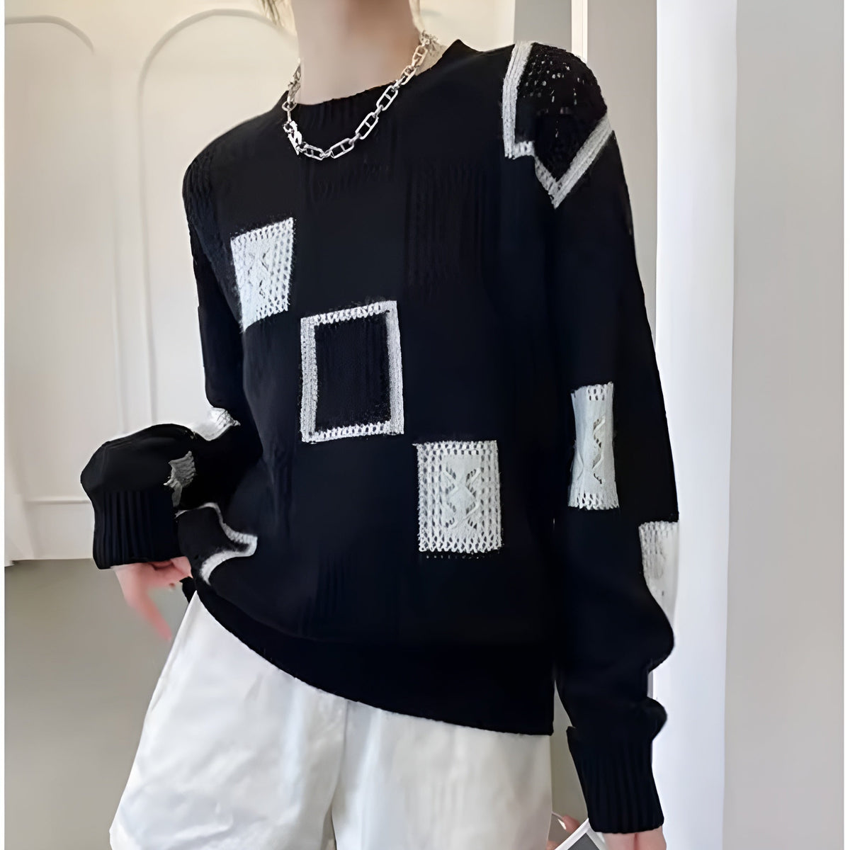 Women's Geometric Patchwork Knit Sweater Crewneck Long Sleeve Casual Pullover