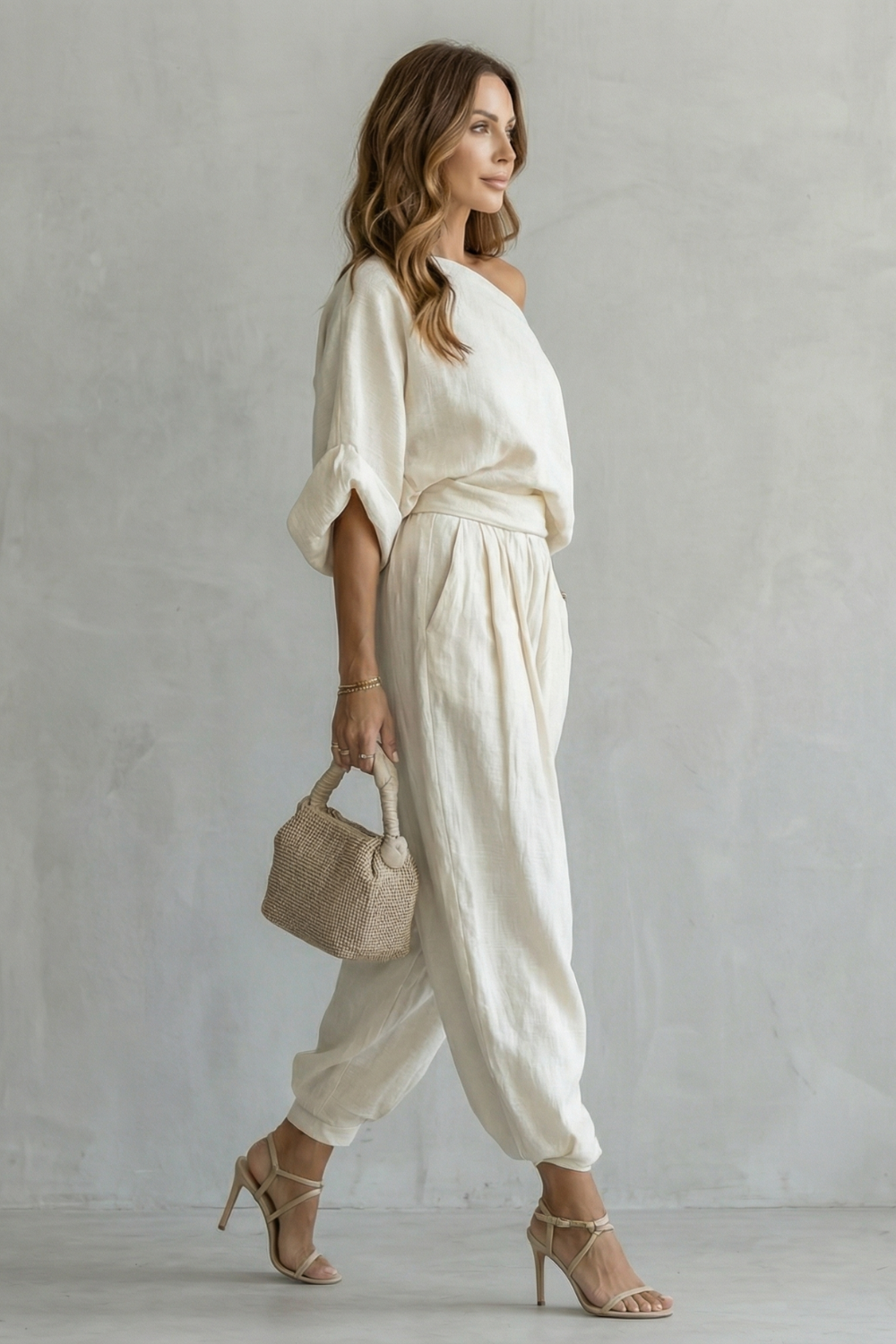 Women's Off Shoulder Two Piece Set Batwing Sleeve Jogger Pants Casual
