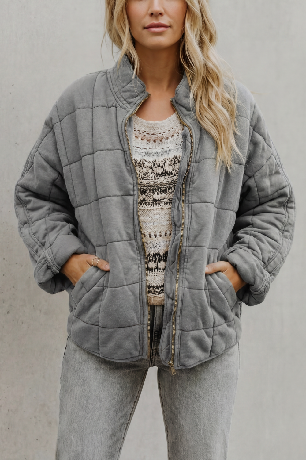 Women's Quilted Bomber Jacket Zip-Up Stand Collar Olive Green Everyday