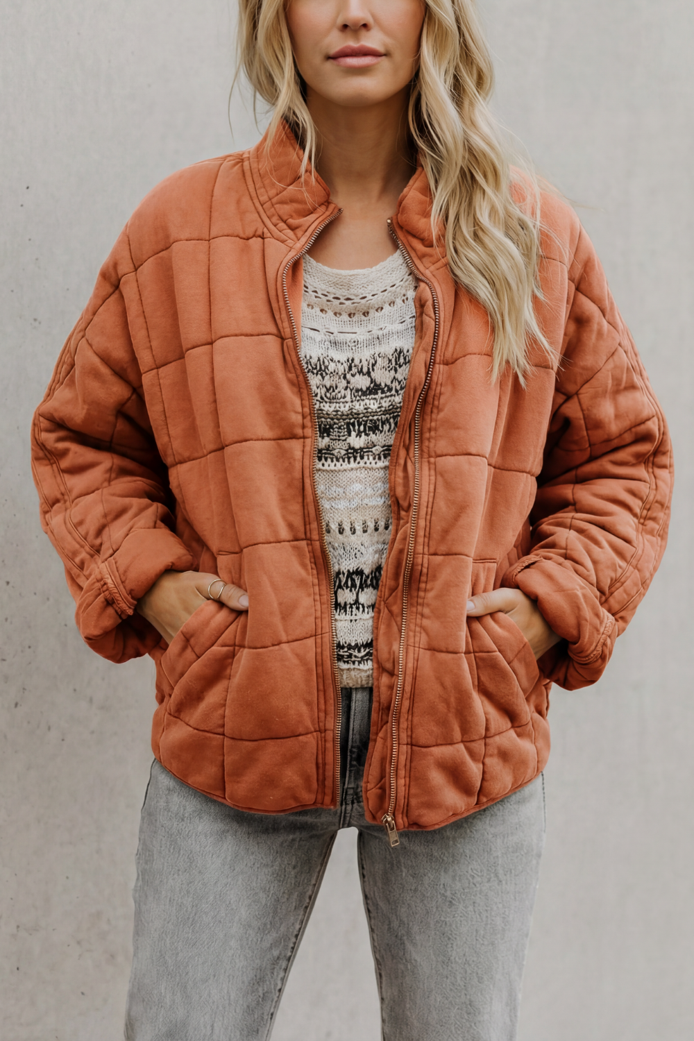 Women's Quilted Bomber Jacket Zip-Up Stand Collar Olive Green Everyday