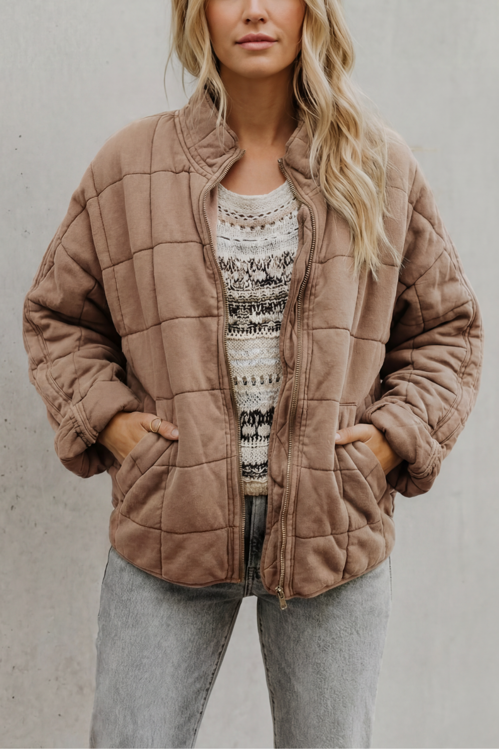 Women's Quilted Bomber Jacket Zip-Up Stand Collar Olive Green Everyday