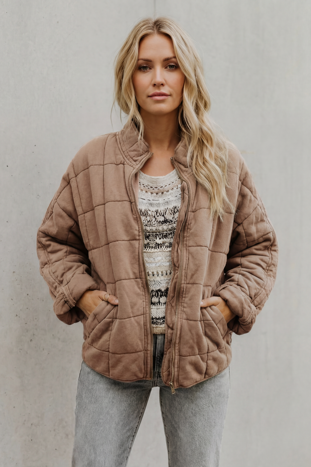 Women's Quilted Bomber Jacket Zip-Up Stand Collar Olive Green Everyday