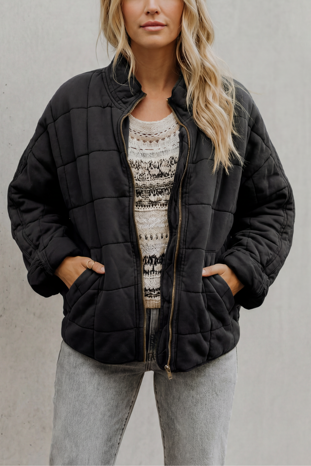 Women's Quilted Bomber Jacket Zip-Up Stand Collar Olive Green Everyday