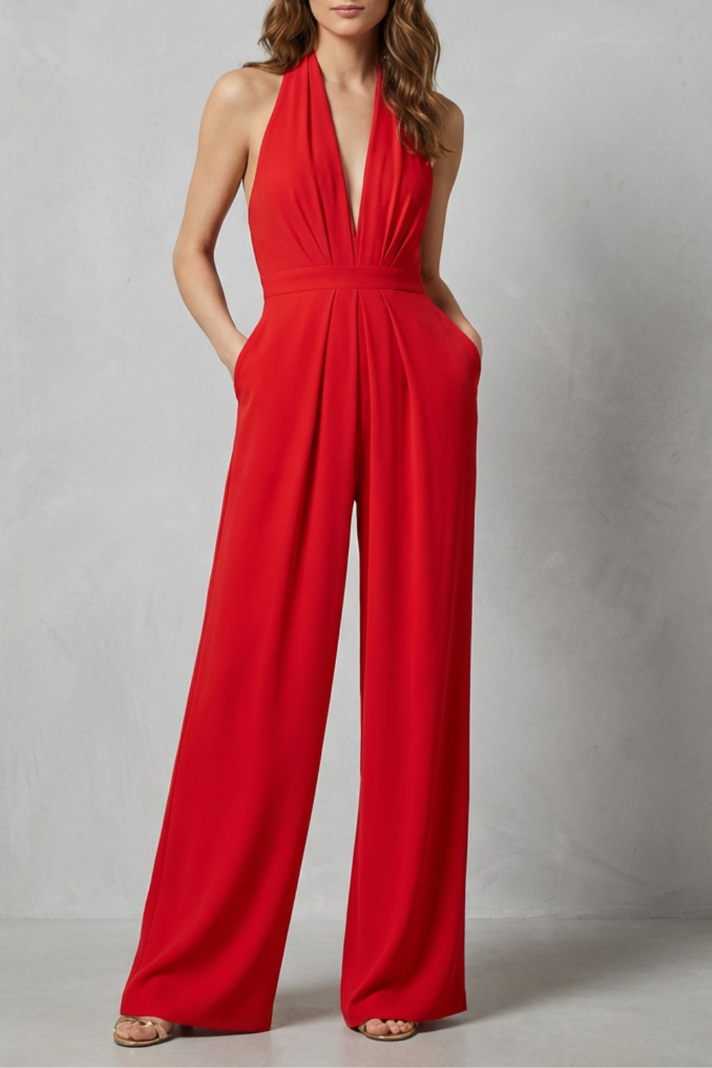 Women's Halter Jumpsuit Deep V-Neck Backless Wide Leg Red Evening