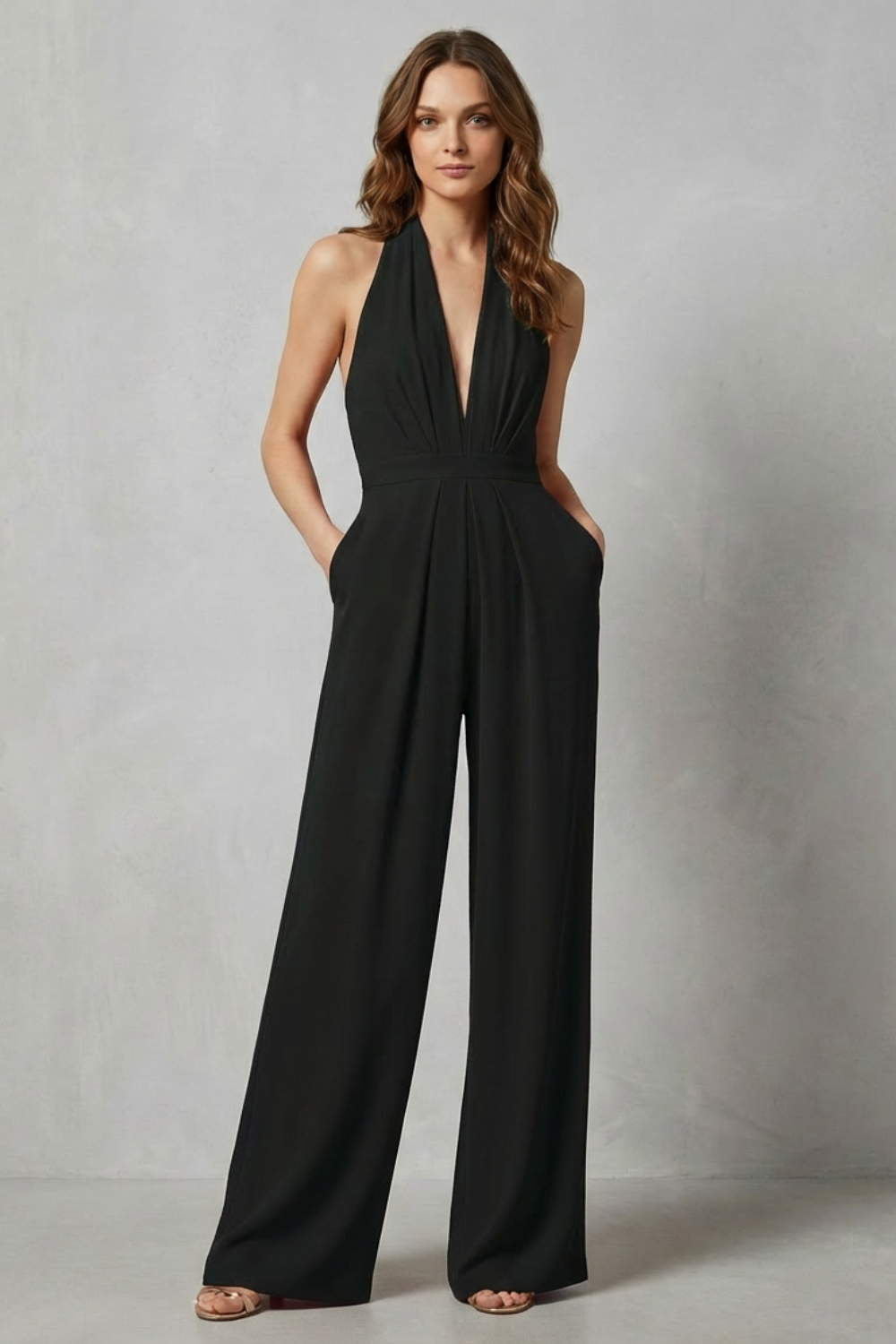 Women's Halter Jumpsuit Deep V-Neck Backless Wide Leg Red Evening
