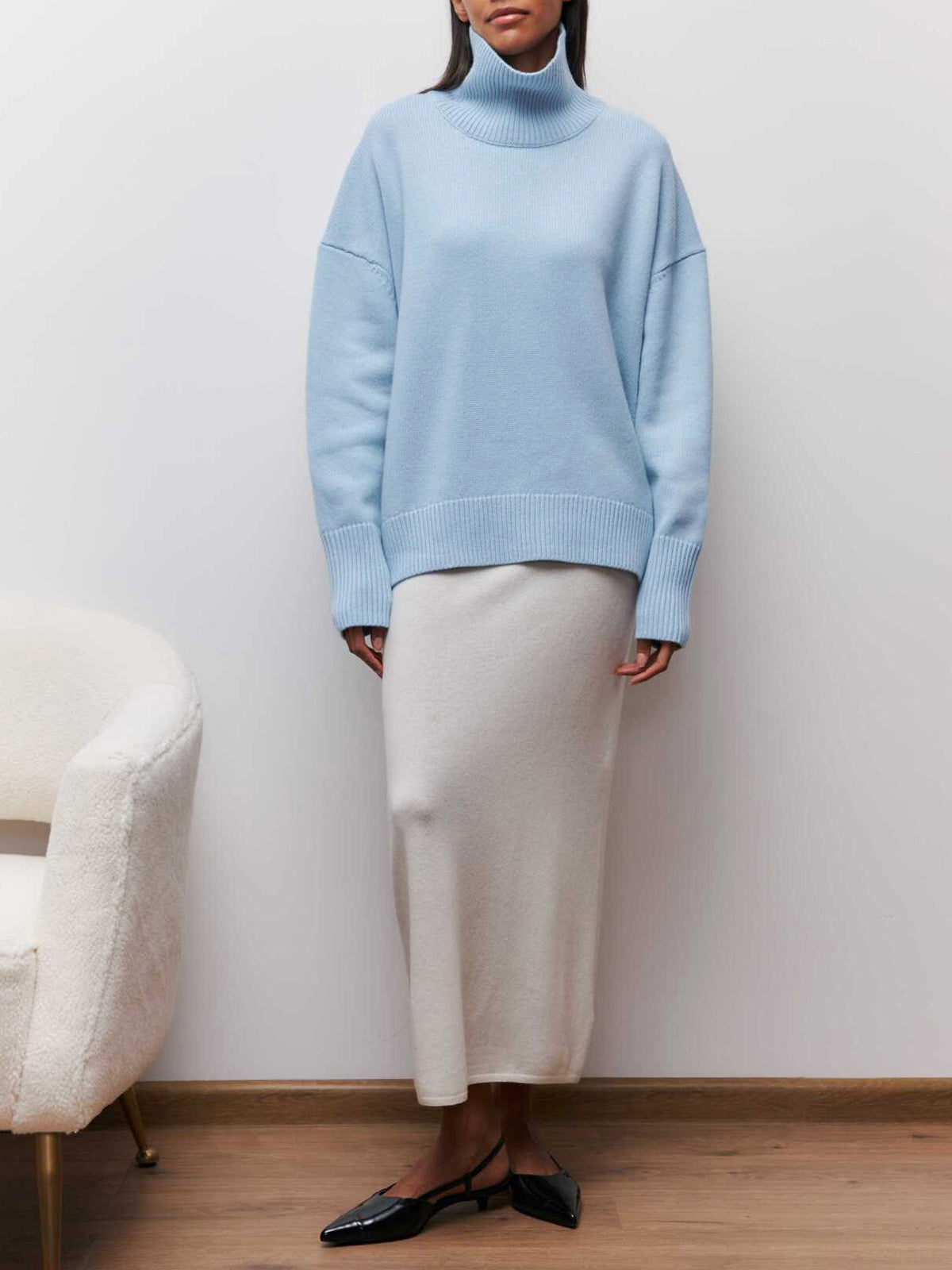 Women's Oversized Turtleneck Sweater Light Blue Long Sleeve Ribbed Knit Winter