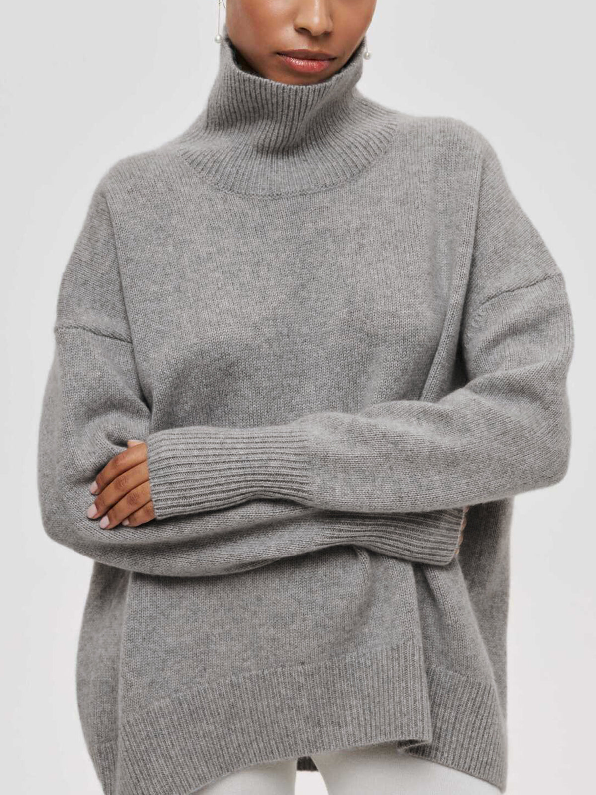Women's Oversized Turtleneck Sweater Light Blue Long Sleeve Ribbed Knit Winter