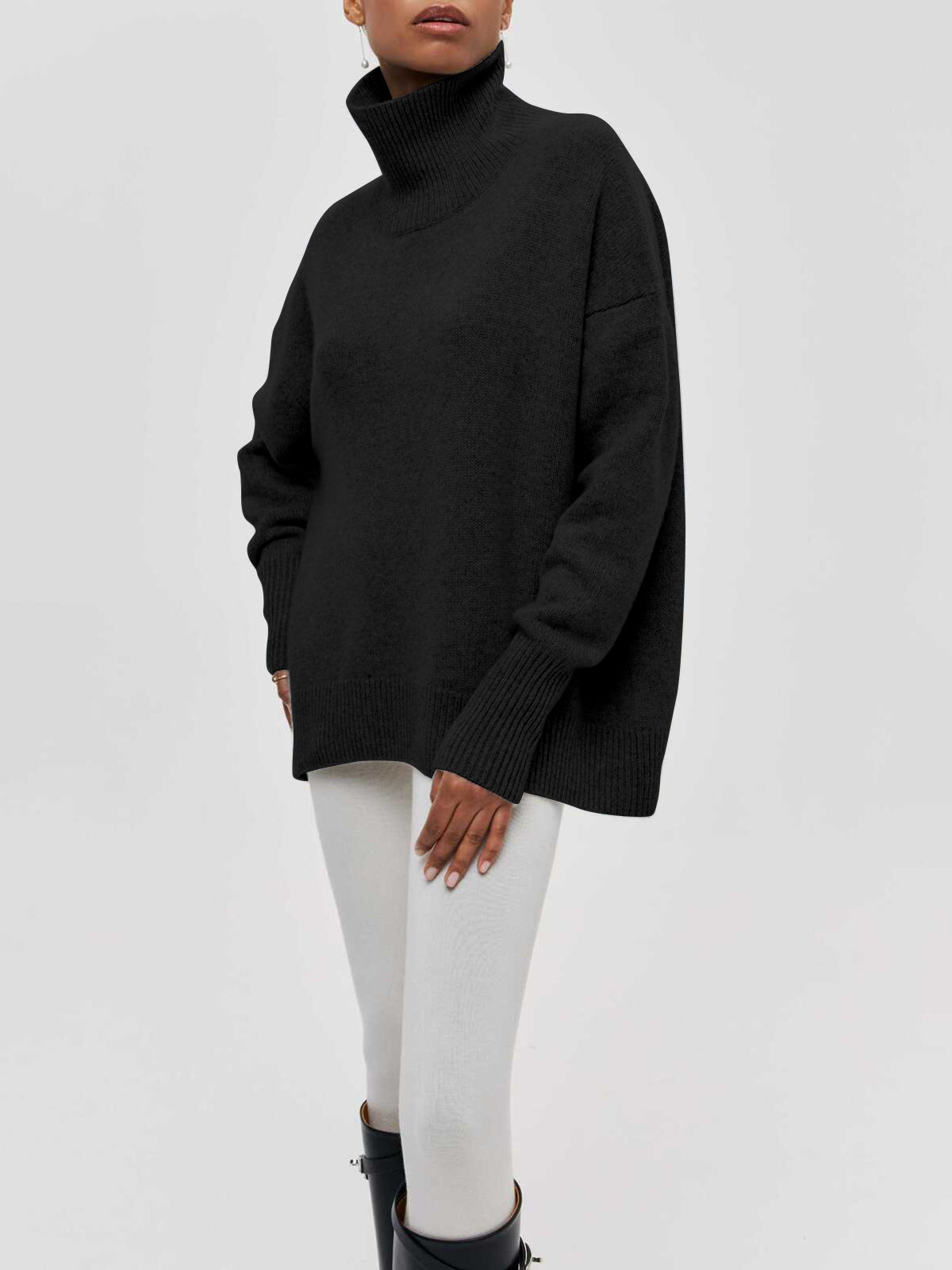 Women's Oversized Turtleneck Sweater Light Blue Long Sleeve Ribbed Knit Winter