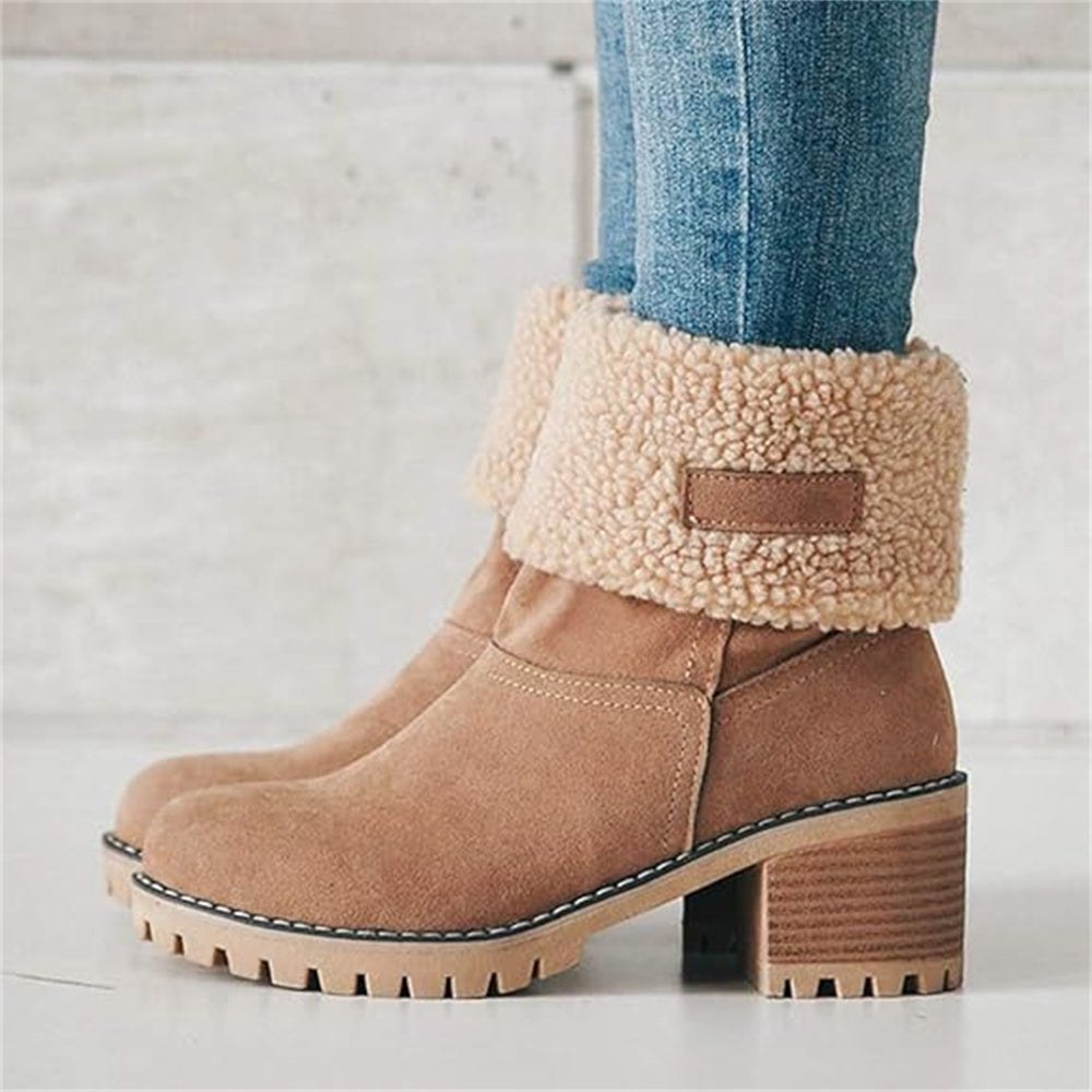 Women's Faux Fur Cuffed Ankle Boots Block Heel Winter Snow Booties