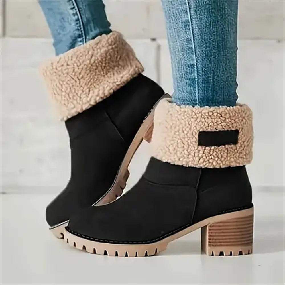 Women's Faux Fur Cuffed Ankle Boots Block Heel Winter Snow Booties