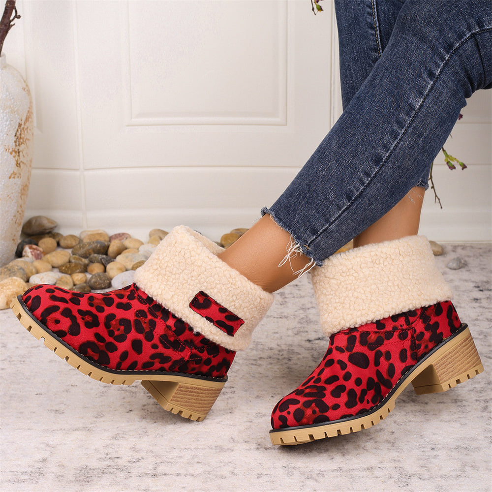 Women's Faux Fur Cuffed Ankle Boots Block Heel Winter Snow Booties