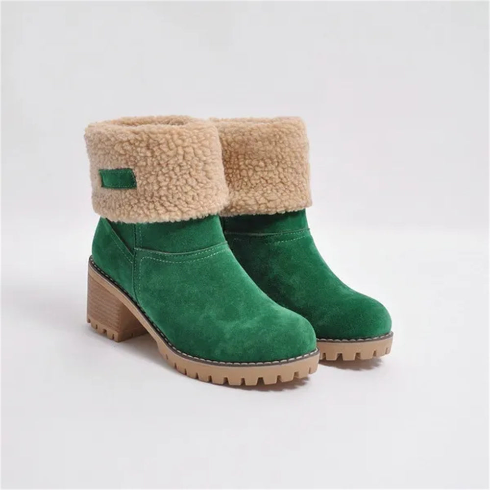 Women's Faux Fur Cuffed Ankle Boots Block Heel Winter Snow Booties