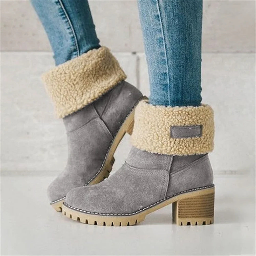 Women's Faux Fur Cuffed Ankle Boots Block Heel Winter Snow Booties