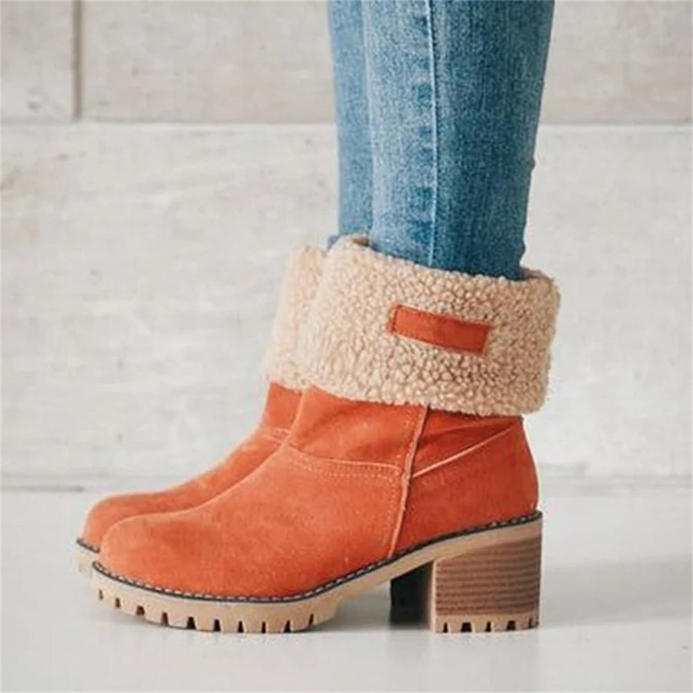 Women's Faux Fur Cuffed Ankle Boots Block Heel Winter Snow Booties
