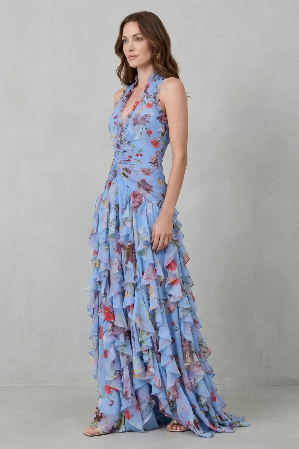 Women's Floral Halter Maxi Dress V-Neck Ruffle Backless Beach Party Gown