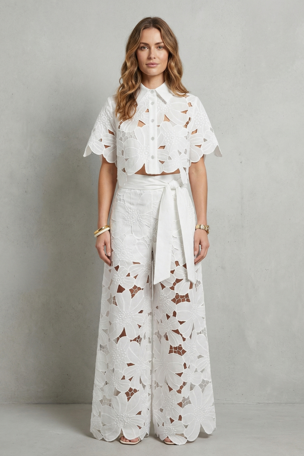 Women's Floral Lace Cutout Crop Top & Wide Leg Pants Set Short Sleeve White