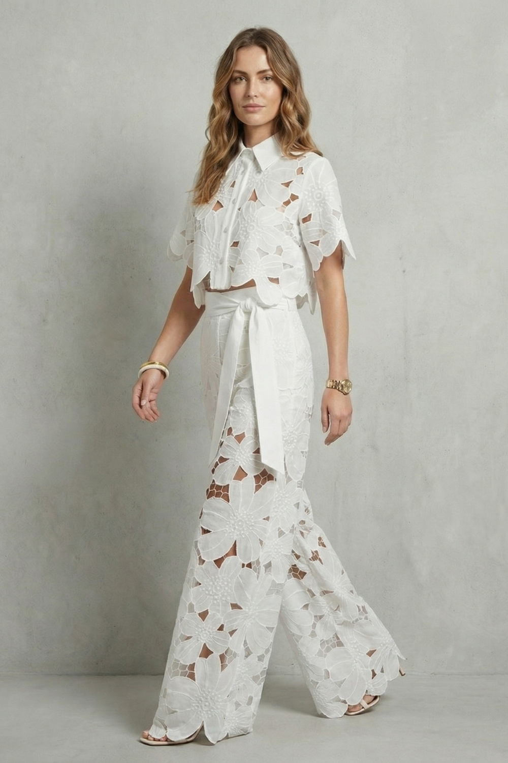 Women's Floral Lace Cutout Crop Top & Wide Leg Pants Set White Short Sleeve