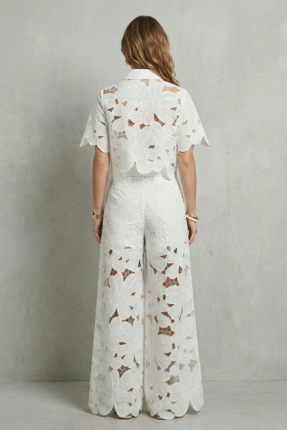 Women's Floral Lace Cutout Crop Top & Wide Leg Pants Set White Short Sleeve