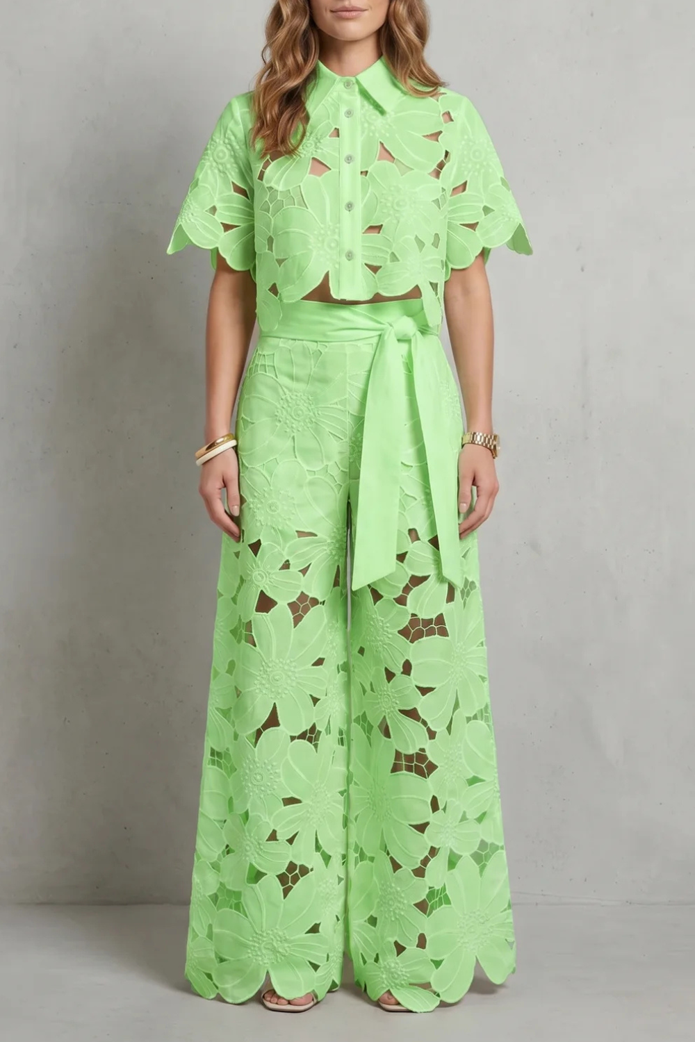 Women's Floral Lace Cutout Crop Top & Wide Leg Pants Set Short Sleeve White