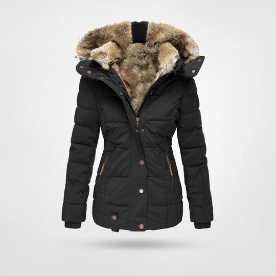 Women's Hooded Puffer Jacket – Mid-Length Quilted Fur Trim Winter Coat