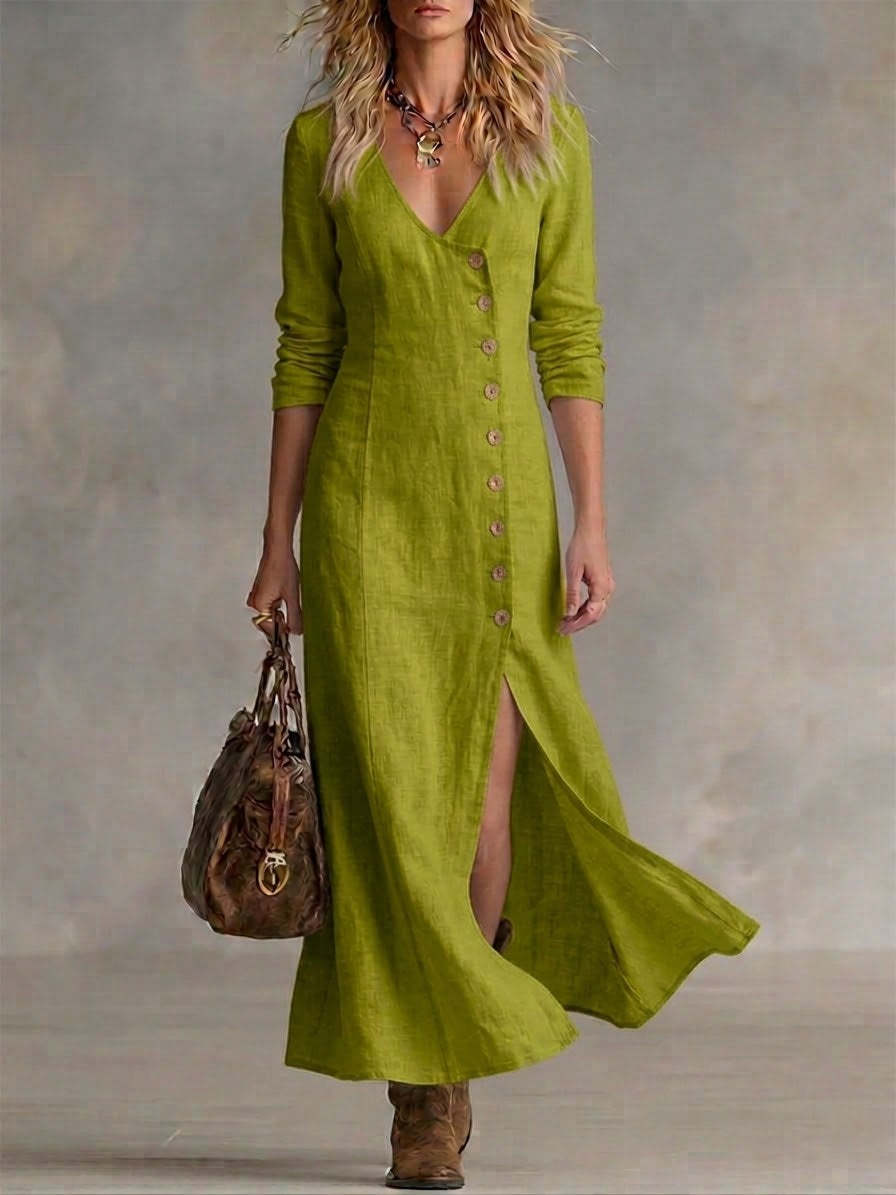 Women's Boho Maxi Dress V-Neck Long Sleeve Button Front Linen High Slit Casual